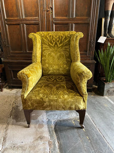 Edwardian Green Velvet Winged Armchair