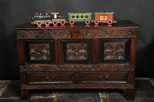 Folk Art Train Comprising An Engine, Carriage And Goods Waggon Circa 1920