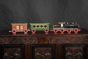 Folk Art Train Comprising An Engine, Carriage And Goods Waggon Circa 1920