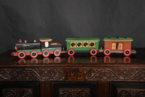 Folk Art Train Comprising An Engine, Carriage And Goods Waggon Circa 1920