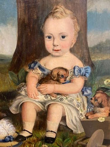 An English Naïve School Portrait, Oil On Canvas, of a Child with Puppies.