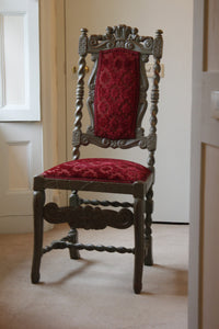 Fabulous Pair Of Carolean Style Polychrome Chairs Carved With Prince Of Wales Feathers And Cherubs, Zoffany Firle Trellis Fabric
