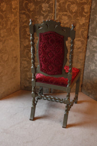 Fabulous Pair Of Carolean Style Polychrome Chairs Carved With Prince Of Wales Feathers And Cherubs, Zoffany Firle Trellis Fabric