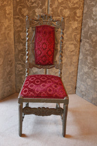 Fabulous Pair Of Carolean Style Polychrome Chairs Carved With Prince Of Wales Feathers And Cherubs, Zoffany Firle Trellis Fabric