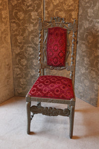 Fabulous Pair Of Carolean Style Polychrome Chairs Carved With Prince Of Wales Feathers And Cherubs, Zoffany Firle Trellis Fabric