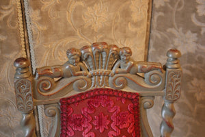 Fabulous Pair Of Carolean Style Polychrome Chairs Carved With Prince Of Wales Feathers And Cherubs, Zoffany Firle Trellis Fabric