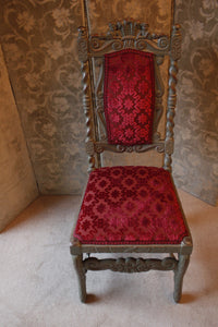 Fabulous Pair Of Carolean Style Polychrome Chairs Carved With Prince Of Wales Feathers And Cherubs, Zoffany Firle Trellis Fabric