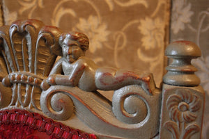 Fabulous Pair Of Carolean Style Polychrome Chairs Carved With Prince Of Wales Feathers And Cherubs, Zoffany Firle Trellis Fabric