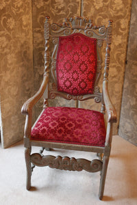 Fabulous Pair Of Carolean Style Polychrome Chairs Carved With Prince Of Wales Feathers And Cherubs, Zoffany Firle Trellis Fabric