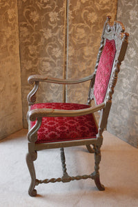 Fabulous Pair Of Carolean Style Polychrome Chairs Carved With Prince Of Wales Feathers And Cherubs, Zoffany Firle Trellis Fabric