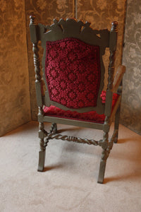 Fabulous Pair Of Carolean Style Polychrome Chairs Carved With Prince Of Wales Feathers And Cherubs, Zoffany Firle Trellis Fabric