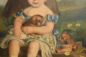 An English Naïve School Portrait, Oil On Canvas, of a Child with Puppies.