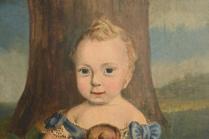An English Naïve School Portrait, Oil On Canvas, of a Child with Puppies.