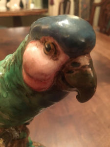 Uno Zaccagnini & Figl Majolica Parrot Perched On A Tree Stump Circa 1920 (italian)
